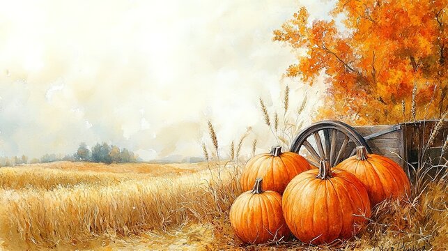 Pumpkins near a wagon wheel in a field with autumn colors and trees.