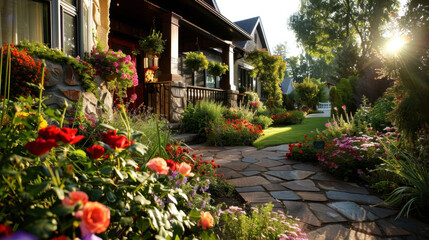 Obraz premium Beautiful garden pathway leads to charming house, surrounded by vibrant flowers and lush greenery. warm sunlight casts golden glow, enhancing serene atmosphere of this picturesque setting