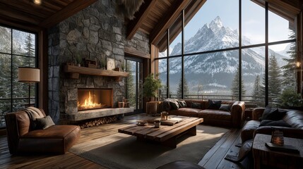 Cozy Mountain Cabin Living Room with Large Windows and Fireplace in Rustic Style
