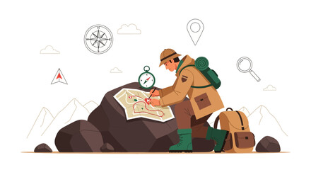 Illustration of a Hiker Planning a Route with a Map, Compass and Backpack in Nature