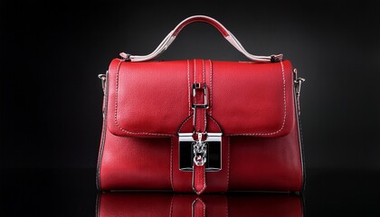 elegant red leather handbag with silver hardware and white stitching on a black background