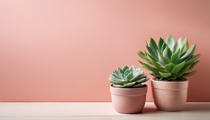 two potted succulents against pastel pink wall create serene atmosphere