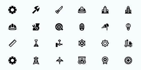 Engineering & Industrial Tools Line Art Vector Icons — Gears, Machinery, Blueprints, Safety Gear, Robotics, and Technical Design Symbols

