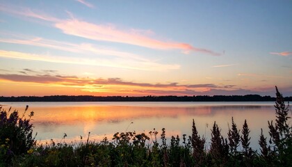 Obraz premium 夕暮れ時、穏やかな湖面に柔らかなピンクとオレンジの雲が映り込みます。手前には晩夏の野花が広がり、静かで温かな自然の美しさを演出しています。