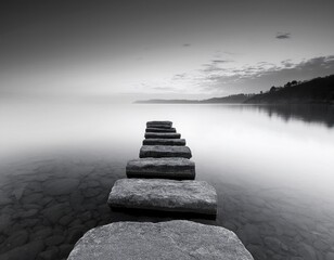 stone steps lead into calm water creating serene atmosphere in this black and white image
