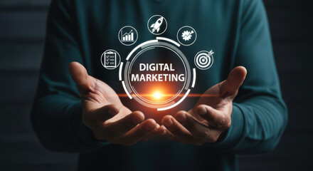 Digital Marketing Concept Displayed as Holographic Icons Orbiting Hands, Representing Strategy, Analytics, and Targeting for Online Business Growth and Advertising Success