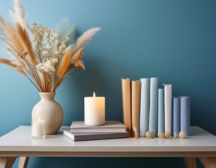 serene study corner featuring candle books and vase with dried flowers against soft blue wall