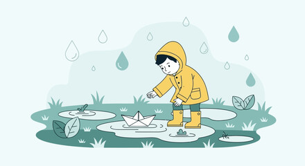 Illustration of a child in a raincoat playing with a paper boat in a puddle on a rainy day