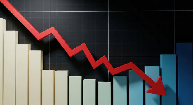 Navigating Economic Downturns A Dramatic Visual Representation of a Declining Market with a Red Arrow Plunging Downward Against a Backdrop of Diminishing Bars - Powered by Adobe