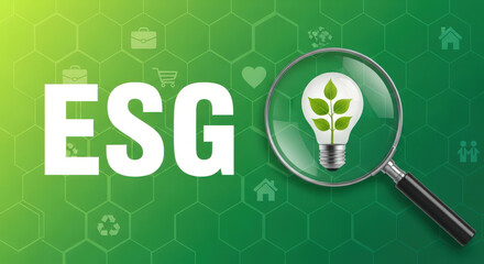 Environmental Social Governance ESG Concept with Magnifying Glass Focusing on a Light Bulb with Green Leaves Representing Sustainable and Ethical Business Practices