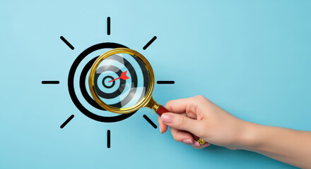 Achieving Business Goals A Magnifying Glass Focuses on a Target with a Dart in the Bullseye Illustrating Precision and Success on a Light Blue Background