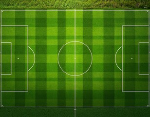 aerial top view of empty green soccer field with clearly marked lines and freshly mowed grass