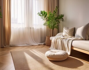 calm corner with floor cushion plant and layered curtains creating serene atmosphere