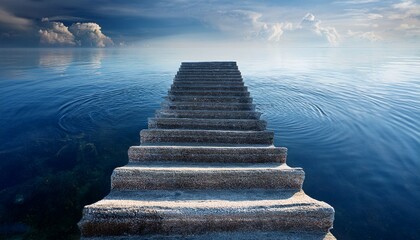 grand stone staircase emerges from water creating serene and mysterious atmosphere
