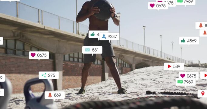 Athlete lunging with ball on beach under pier, each rep spawning social icons showing fitness stats