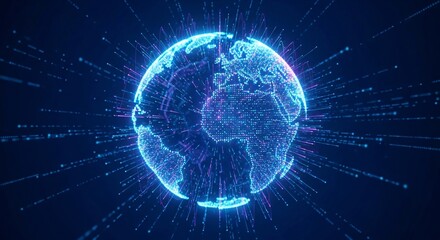 Dynamic digital globe with data streams, representing global network, technology, innovation, and worldwide connectivity