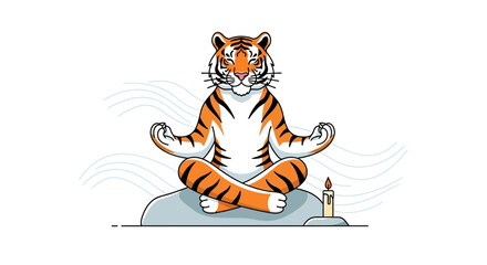 Illustration of a meditative tiger on a rock with a candle representing zen and calmness