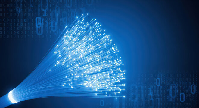 Fiber Optic Cable Technology Illuminating Digital Data Transmission with Binary Code Background for High Speed Internet Connectivity and Network Communication