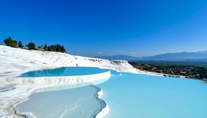 Obraz premium Pamukkale’s white travertine terraces, crystal-clear thermal pools reflecting the blue sky.
