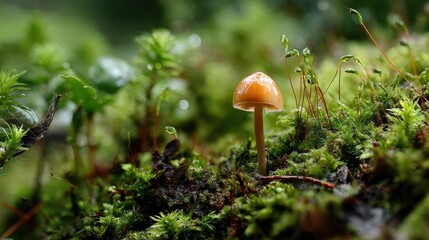 Close-up of a small orange mushroom growing amidst green moss and tiny plants in a damp forest floor environment with detailed textures and natural lighting