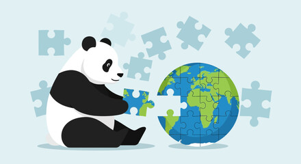 Illustration of a panda solving the earth jigsaw puzzle conservation concept