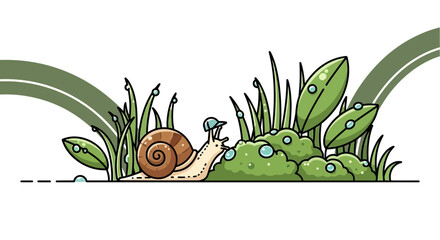Illustration of a cute snail character in a meadow with dew drops cartoonish style