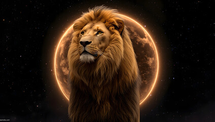 Majestic lion gazing serenely at a fiery, celestial orb against a star-studded backdrop.