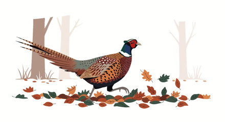 Illustration of a pheasant walking in autumn leaves in front of bare trees in a simple vector style design