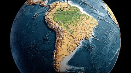 Detailed topographic map of South America on a globe.