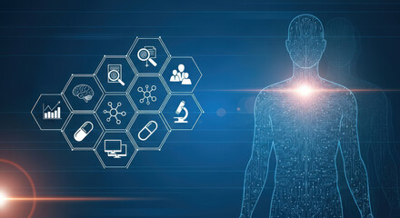 Healthcare Technology Innovation with Digital Human Body and Medical Icons Representing Advanced Medicine, Research, and Scientific Progress