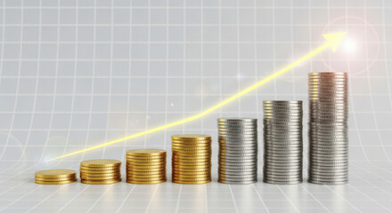 Stacks of Coins Ascending with an Upward Arrow Representing Financial Growth and Investment Success on a Grid Background Symbolizing Market Progress