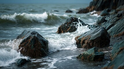 Peaceful rocky shoreline with waves crashing against large stones under cloudy sky in a calm sea scene suitable for nature and outdoor themes