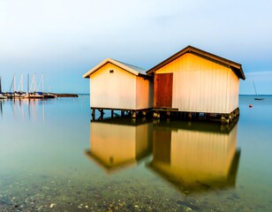 Calm water reflections of wooden boat houses at dawn