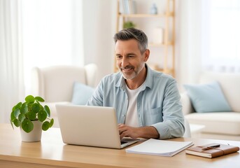 Smiling Middle-Aged Man Working on Laptop in Bright Home Office