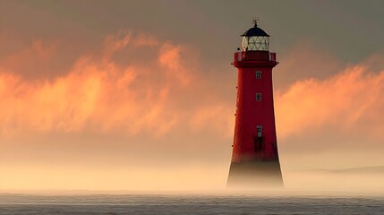 A solitary red lighthouse stands sentinel in a misty sunrise.