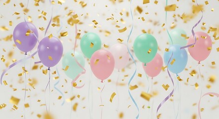 Festive balloons and confetti celebration against a bright neutral backdrop