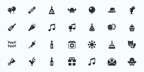 Celebration & Party Line Art Vector Icons — Birthdays, Anniversaries, Festivities, Music Events, and Party Supplies

