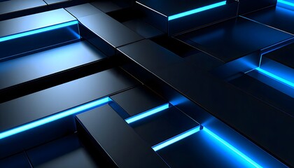 Futuristic digital landscape concept featuring an abstract geometric pattern of dark blocks illuminated by glowing blue neon light.