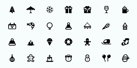 Holiday & Festive Line Art Vector Icons — Christmas, New Year, Easter, Halloween, Travel, Celebration, and Seasonal Decoration Symbols

