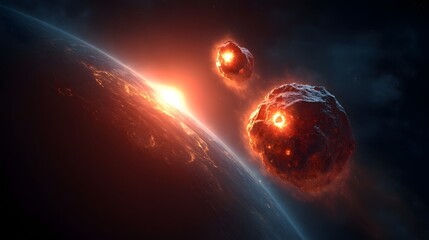 Two fiery asteroids approach a sunrise earth.