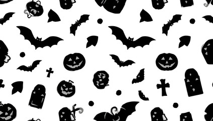 Obraz premium Seamless Halloween pattern with black silhouettes of pumpkins, bats, tombstones, crosses, and dots on a white background.