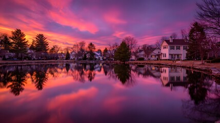 Obraz premium Colorful sunset reflecting on a tranquil pond.