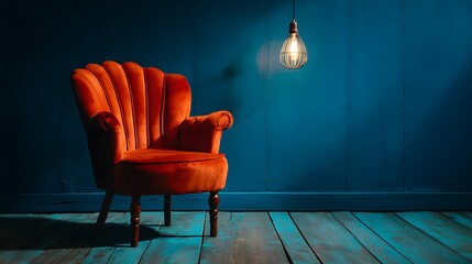 Stylish orange velvet armchair in a dark blue room.