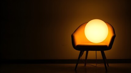 Illuminated sphere lamp on a mustard-colored chair.