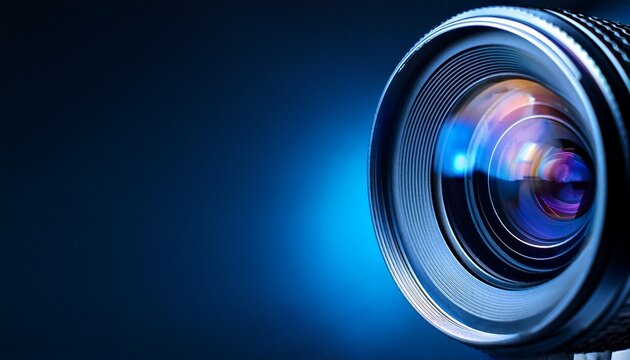 close up of a camera lens illuminated by blue light on a dark background photographer and filmmaking background concept with copy space