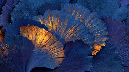 Detailed close-up of layered ginkgo leaves, deep blue and gold.