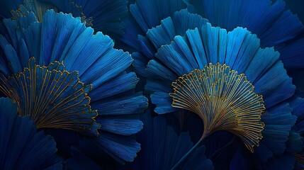 Detailed close-up of deep blue leaves with gold accents.