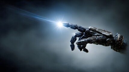 Detailed mechanical hand points towards a light source.