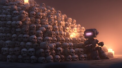 A small robot sits amidst a large pile of skulls.