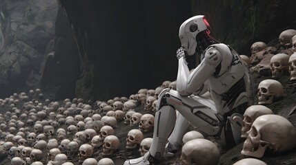 White robot sits amidst many skulls in a dark cave.
